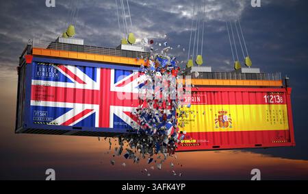 Conteneurs de fret avec drapeaux du Royaume-Uni et de l'Espagne - illustration 3D. Banque D'Images