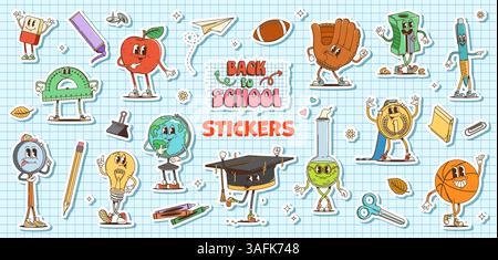 Pack d'autocollants de personnages d'éducation scolaire groovy, vecteur de retour à la papeterie scolaire et fournitures pour étudiants. Stylo hippie rétro de dessin animé, globe, règle et chapeau de graduation. Drôle groovy flacon, pomme et boule Illustration de Vecteur