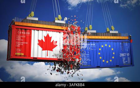 Conteneurs de fret avec drapeaux du Canada et de l'Union européenne - illustration 3D. Banque D'Images