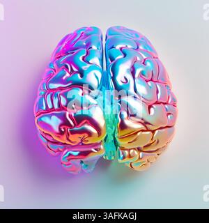 Illustration 3D futuriste d'un cerveau humain irisé coloré sur un fond dégradé. Banque D'Images