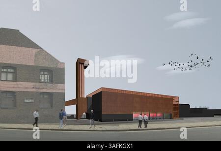 24 mai 2012 - Londres, Angleterre, Royaume-Uni - vue générée par ordinateur du site du Energy Center sur le Parc olympique. L'image montre le bâtiment édouardien conservé, anciennement connu sous le nom de Kings Yard, sur la gauche, ainsi que le nouveau bâtiment qui abritera une chaudière à biomasse et une centrale combinée de chaleur et d'électricité. Le bâtiment conservé était en partie House Visitor Center qui sera une ressource éducative pour les technologies utilisées. (Crédit image : © LOCOG/ZUMAPRESS.com) Banque D'Images