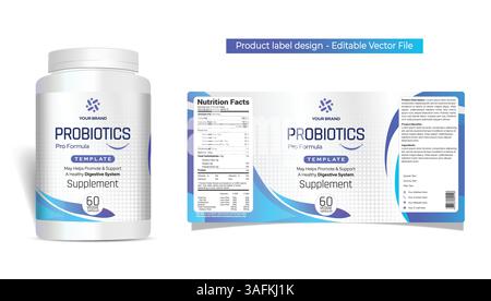 Conception d'étiquette de supplément probiotique, conception d'étiquette de pot de produit de logo probiotique, conception d'emballage de bouteille pour pilules de capsules, supplément sain créatif Illustration de Vecteur