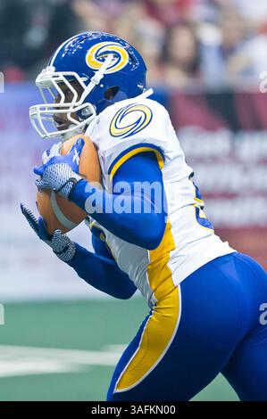 02 juin 2012 : le récepteur Mark Jones (5) de Tampa Bay Storm Wide attrape une passe lors d'une action entre les Sharks de Jacksonville et la tempête de Tampa Bay au Jacksonville Veterans Memorial Arena. Jacksonville a battu Tampa Bay 71-61.(image crédit : © Gray Quetti/Cal Sport Media/ZUMAPRESS.com) Banque D'Images