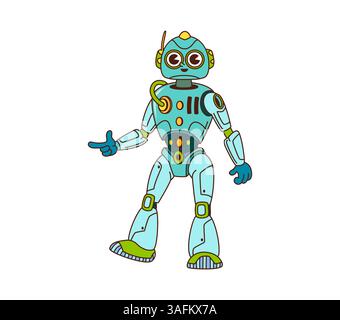 Robot groovy de dessin animé et personnage droïde, machine humanoïde robotique métallique futuriste et amicale dispose de boutons lumineux et d'une antenne de communication, incarnant la technologie, l'innovation et la vibration de science fi Illustration de Vecteur
