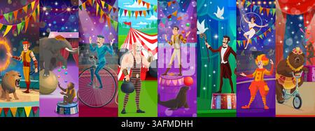 Personnages et animaux d'artiste de cirque de dessin animé, clowns et acrobates, collage vectoriel. Artistes de cirque et de foire funiculaire, lion apprivoisé dans l'anneau de feu, jonglerie de singes et illusionniste avec homme fort Illustration de Vecteur