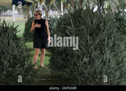 TAMPA--12/6/04-- la saison des fêtes est un peu plus brillante cette année pour le YMCA de la famille Interbay-Glover, qui reçoit toujours un don de Raymond Deters (CQ de l'affectation), un cultivateur d'arbres de Noël de Caroline du Nord qui vend des sapins Fraser à côté du YMCA. Cette année, Deters, qui a apporté deux camions chargés d’arbres, a décidé de faire don de tous ses bénéfices de la vente au YMCA, qui servira à leur campagne annuelle de dons. Arrivée quelques jours trop tard de façon inattendue le lundi 6 décembre 2004, Sheila Fite (crédit image : St Petersburg Times/ZUMAPRESS.com) Banque D'Images