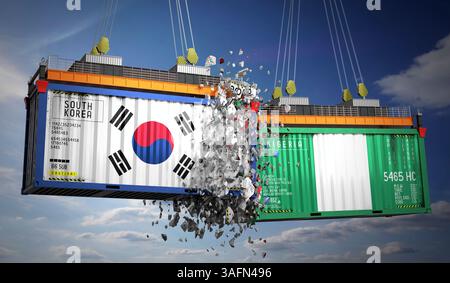 Conteneurs de fret avec drapeaux de Corée du Sud et Nigeria - illustration 3D. Banque D'Images