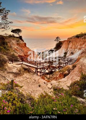 Marches en bois descendant à la plage de Falesia près de Vilamoura et Albufeira au Portugal Banque D'Images