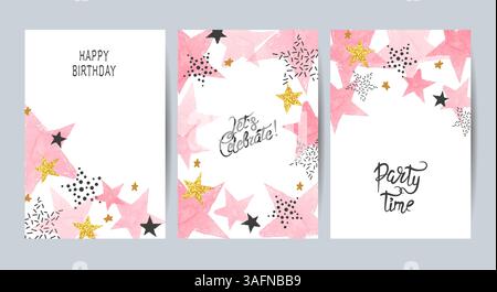 Ensemble de cartes de joyeux anniversaire avec étoiles roses et dorées. Modèles vectoriels de célébration Illustration de Vecteur