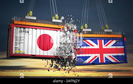 Conteneurs de fret avec pavillons du Japon et du Royaume-Uni - illustration 3D. Banque D'Images