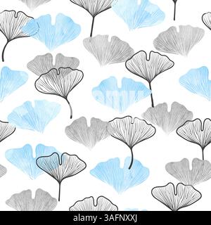 Motif floral sans couture avec feuille de gingko. Imprimé vectoriel de feuilles bleues et grises Illustration de Vecteur