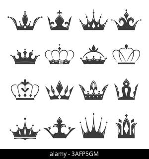 Collection de silhouettes de couronne noire dans divers designs élégants. Ensemble symbole de luxe de couronne héraldique Illustration de Vecteur