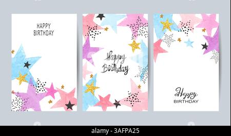 Ensemble de cartes de joyeux anniversaire avec des étoiles colorées. Modèles vectoriels de célébration Illustration de Vecteur
