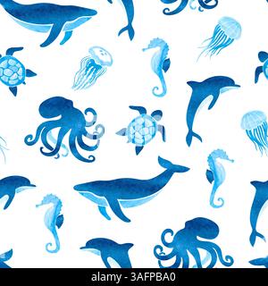 Motif nautique sans couture avec des animaux marins à l'aquarelle - baleine, dauphin, poulpe et tortue. Impression vectorielle de vie sous-marine aquarelle Illustration de Vecteur