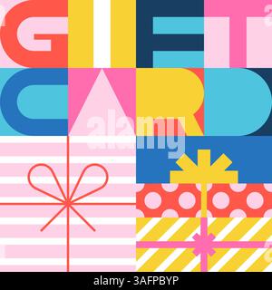 Lettrage des cartes-cadeaux. Illustration plate géométrique vectorielle de boîtes cadeaux colorées. Couleur blocs des éléments de conception de bon, certificat ou coupon. Remise Illustration de Vecteur
