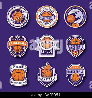 Collection de badges de basket-ball avec divers logos sportifs, typographie audacieuse et éléments dynamiques Illustration de Vecteur