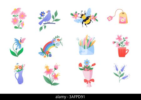 Ensemble d'éléments de printemps colorés avec des fleurs, des plantes et des insectes Illustration de Vecteur