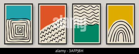 Ensemble de quatre affiches abstraites avec des champs de couleur gras et des éléments dessinés à la main Illustration de Vecteur