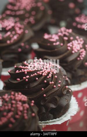 Délicieux cupcakes au chocolat avec des pépites roses prêtes pour la célébration Banque D'Images