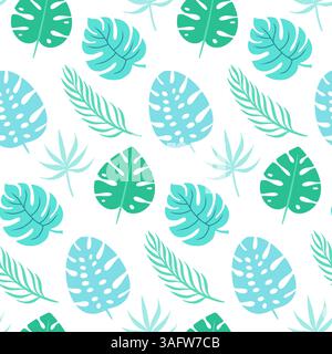 Motif de feuilles tropicales sans couture en sarcelle sur blanc. Idéal pour l'été, la plage ou les designs tropicaux. Illustration vectorielle Illustration de Vecteur