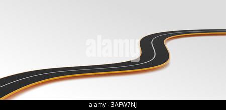 Courbe d'autoroute routière 3D avec surface d'asphalte noir et bords jaunes. La ligne de séparation blanche passe par le centre du chemin d'enroulement réaliste. Conception minimaliste de piste de course pour les éléments infographiques. Illustration de Vecteur