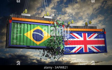Conteneurs de fret avec drapeaux du Brésil et du Royaume-Uni - illustration 3D. Banque D'Images