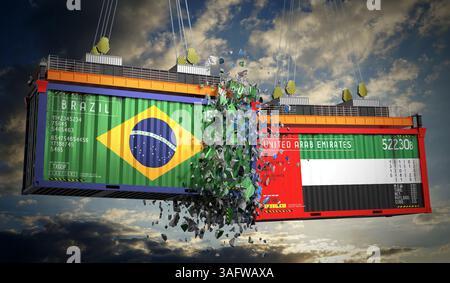 Conteneurs de fret avec drapeaux du Brésil et des Émirats Arabes Unis - illustration 3D. Banque D'Images