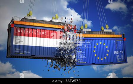 Conteneurs de fret avec pavillons des pays-Bas et de l'Union européenne - illustration 3D. Banque D'Images