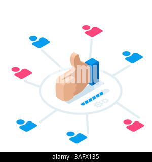 isométrique comme icône et icônes d'utilisateur en couleur sur fond blanc, augmentation des likes des abonnés Illustration de Vecteur
