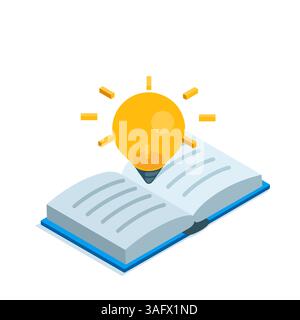 livre ouvert isométrique avec ampoule lumineuse incandescente en couleur sur fond blanc, étudiant ou lisant dans la bibliothèque, lumière de l'illumination Illustration de Vecteur