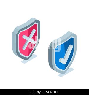 icône isométrique bouclier avec une coche et avec un réticule en couleur sur fond blanc, protection fiable ou insécurité Illustration de Vecteur