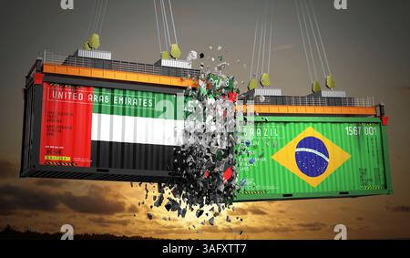 Conteneurs de fret avec drapeaux des Émirats Arabes Unis et du Brésil - illustration 3D. Banque D'Images