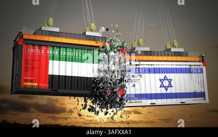 Conteneurs de fret avec drapeaux des Émirats Arabes Unis et Israël - illustration 3D. Banque D'Images