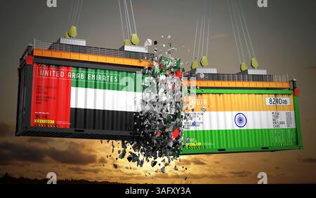 Conteneurs de fret avec drapeaux des Émirats arabes Unis et de l'Inde - illustration 3D. Banque D'Images