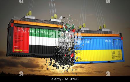 Conteneurs de fret avec drapeaux des Émirats arabes Unis et de l'Ukraine - illustration 3D. Banque D'Images