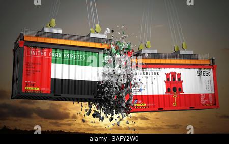 Conteneurs de fret avec drapeaux des Émirats Arabes Unis et Giblartar - illustration 3D. Banque D'Images