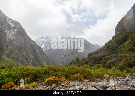Paysage de Patagonie dynamique : des ocks sereins avec de la mousse de couleur rouille. Des teintes chaudes contrastent entre une végétation luxuriante et des eaux cristallines, capturant Patagon chilien Banque D'Images