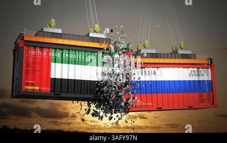 Conteneurs de fret avec drapeaux des Émirats arabes Unis et de la Russie - illustration 3D. Banque D'Images