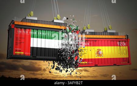 Conteneurs de fret avec drapeaux des Émirats arabes Unis et de l'Espagne - illustration 3D. Banque D'Images