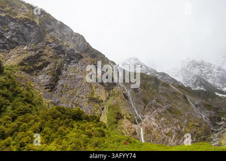 Paysage de Patagonie dynamique : ruisseau serein et cascade au milieu des rochers avec de la mousse de couleur rouille. Des teintes chaudes contrastent avec une végétation luxuriante et un Wate limpide Banque D'Images