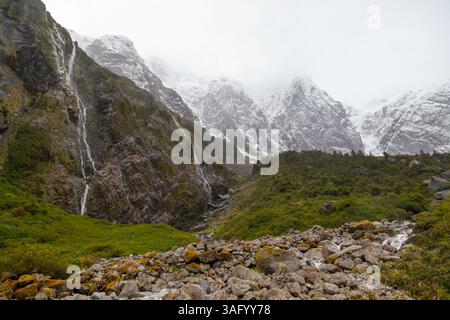 Paysage de Patagonie dynamique : ruisseau serein et cascade au milieu des rochers avec de la mousse de couleur rouille. Des teintes chaudes contrastent avec une végétation luxuriante et un Wate limpide Banque D'Images