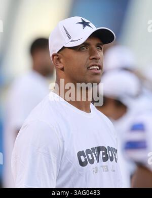 18 août 2012 - San Diego, CALIFORNIE, États-Unis - le receveur des Dallas Cowboys Wide Miles Austin s'est blessé en marge de l'action de pré-saison de la NFL contre les Chargers de San Diego au Qualcomm Stadium de San Diego, Californie, le samedi 18 août 2012. (Crédit image : © Ron Jenkins/Fort Worth Star-Telegram/MCT/ZUMAPRESS.com) Banque D'Images