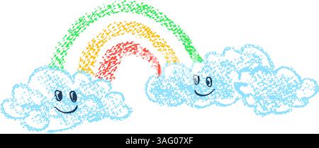 Nuages de crayon avec des dessins animés de sourire visages arc-en-ciel. Crayon de cire coloré enfants dessin paysage. Vecteur naïf et élément de conception drôle. Charbon de bois funky Illustration de Vecteur