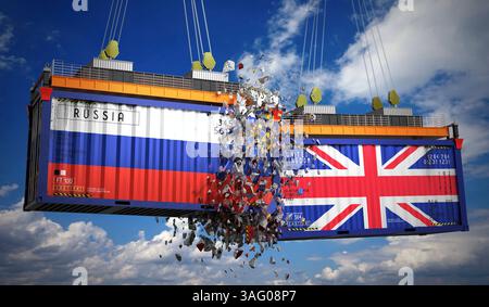 Conteneurs de fret avec drapeaux de la Russie et du Royaume-Uni - illustration 3D. Banque D'Images