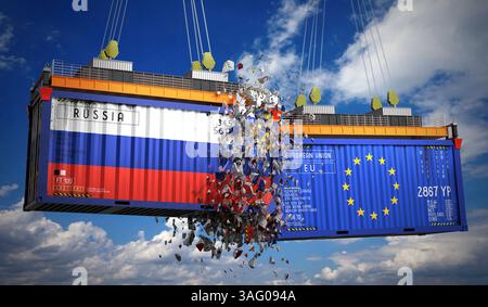 Conteneurs de fret avec drapeaux de la Russie et de l'Union européenne - illustration 3D. Banque D'Images