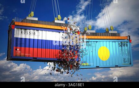 Conteneurs de fret avec drapeaux de la Russie et Palaos - illustration 3D. Banque D'Images