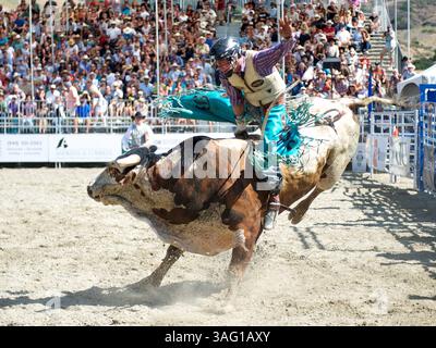 26 août 2012 - San Juan Capistrano, Californie, États-Unis - le coureur de taureau Brett Stall de Detroit Lakes, MN rides Hop Along de Big Bend/Flying 5 Rodeo Co. au Rancho Mission Viejo Rodeo à San Juan Capistrano, CA. (Crédit image : © Matt Cohen/ZUMAPRESS.com) Banque D'Images