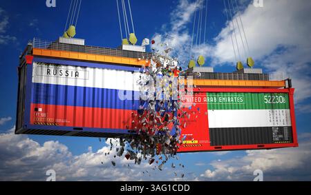 Conteneurs de fret avec drapeaux de la Russie et des Émirats Arabes Unis - illustration 3D. Banque D'Images