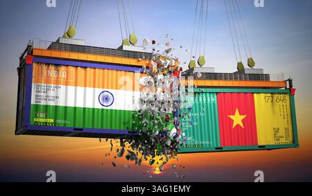 Conteneurs de fret avec drapeaux de l'Inde et du Cameroun - illustration 3D. Banque D'Images
