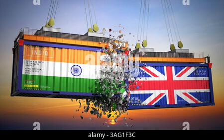 Conteneurs de fret avec drapeaux de l'Inde et du Royaume-Uni - illustration 3D. Banque D'Images